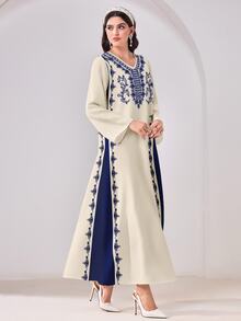 Al Najma 休闲印花V领长袖端庄阿拉伯连衣裙 - 彩色 - 查看 2