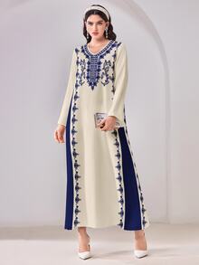 Al Najma 休闲印花V领长袖端庄阿拉伯连衣裙 - 彩色 - 查看 6