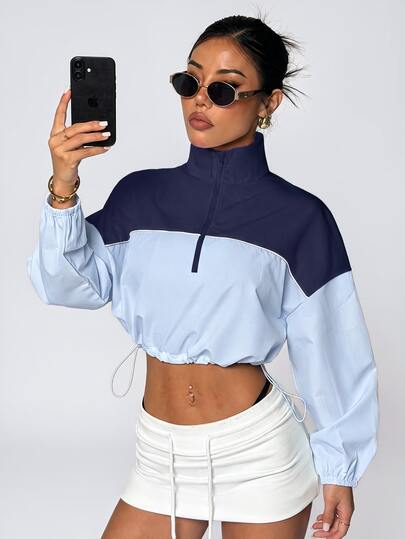 StreetHx Women's Loose White Half-Zip Long Sleeve Sport Sweatshirt With Contrast Color Ribbed Panels And Drawstring Hem, Woven Fabric, Casual Wear, Fall