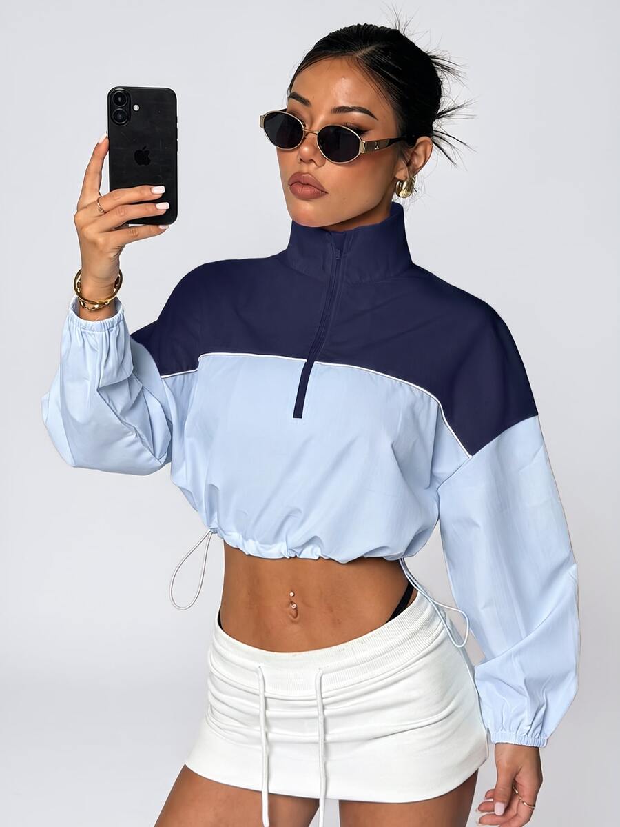 StreetHx Women's Loose White Half-Zip Long Sleeve Sport Sweatshirt With Contrast Color Ribbed Panels And Drawstring Hem, Woven Fabric, Casual Wear, Fall