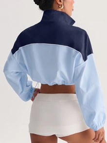 StreetHx Women's Loose White Half-Zip Long Sleeve Sport Sweatshirt With Contrast Color Ribbed Panels And Drawstring Hem, Woven Fabric, Casual Wear, Fall - Multicolor - View 3