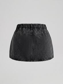 SHEIN MOD 大尺碼女款 Y2K 黑色水鑽閃亮高腰牛仔迷你裙 秋季派對外出 A 字牛仔裙 - 黑色 - 查看 2