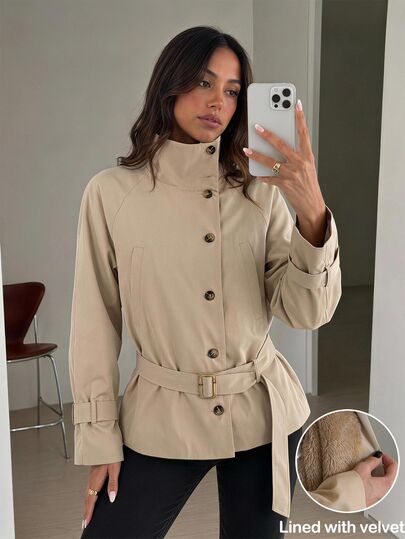 Easowa Casual French Relaxed Elegant Commute Office Autumn/Winter Thermal Lined Women's Trench Coat Khaki