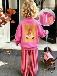 2Pcs Toddler Girl Sweatshirt Pants Set Sweet Pink Puppy Graphic Vertical Striped Long Sleeve Quarter Zip Regular Birthday Fall Y2K Princess Baggy Chic - Multicolor - View 1