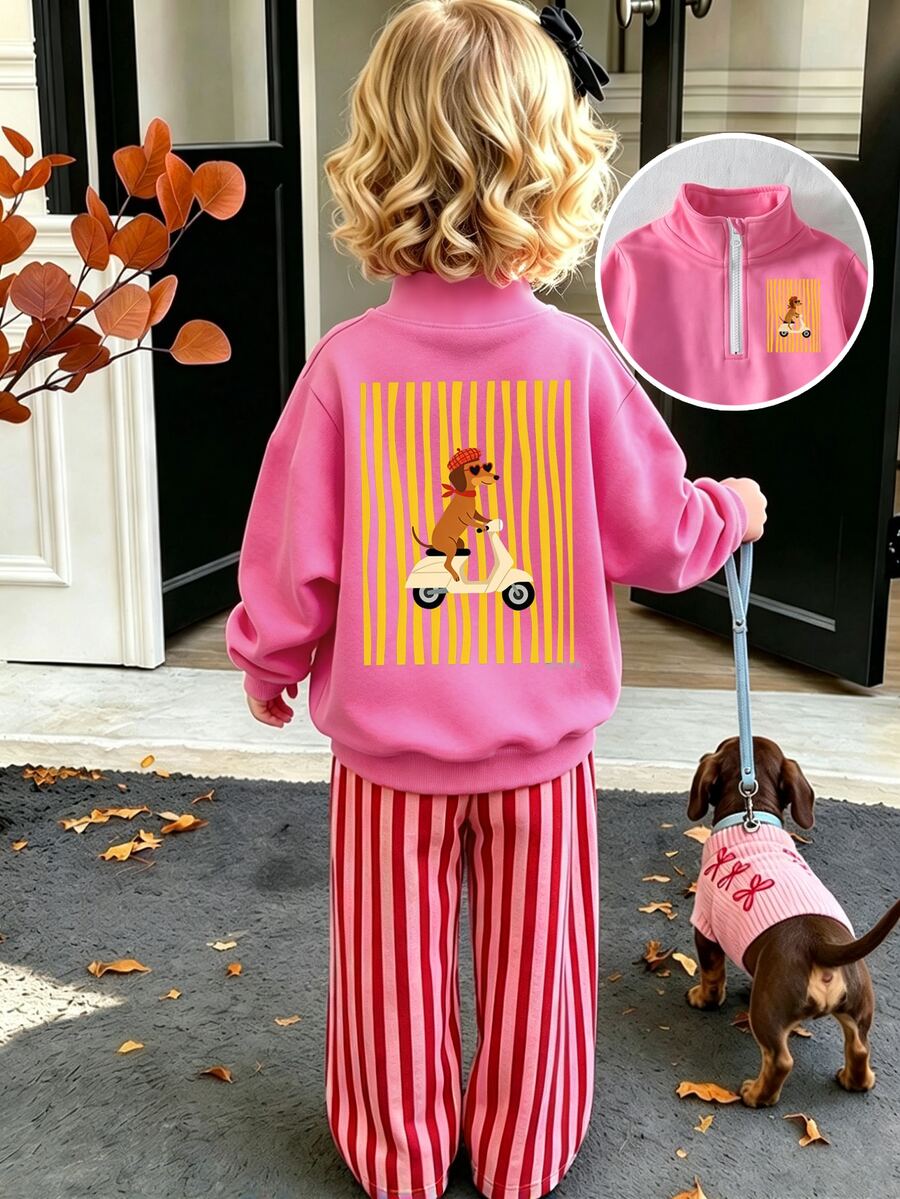 2Pcs Toddler Girl Sweatshirt Pants Set Sweet Pink Puppy Graphic Vertical Striped Long Sleeve Quarter Zip Regular Birthday Fall Y2K Princess Baggy Chic - Multicolor - View 1