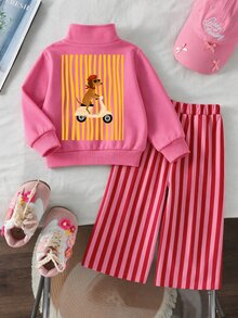 2Pcs Toddler Girl Sweatshirt Pants Set Sweet Pink Puppy Graphic Vertical Striped Long Sleeve Quarter Zip Regular Birthday Fall Y2K Princess Baggy Chic - Multicolor - View 2