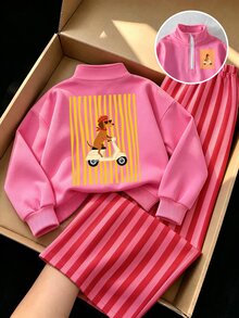 2Pcs Toddler Girl Sweatshirt Pants Set Sweet Pink Puppy Graphic Vertical Striped Long Sleeve Quarter Zip Regular Birthday Fall Y2K Princess Baggy Chic - Multicolor - View 3