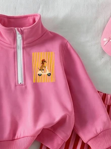 2Pcs Toddler Girl Sweatshirt Pants Set Sweet Pink Puppy Graphic Vertical Striped Long Sleeve Quarter Zip Regular Birthday Fall Y2K Princess Baggy Chic - Multicolor - View 6
