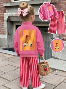 2Pcs Toddler Girl Sweatshirt Pants Set Sweet Pink Puppy Graphic Vertical Striped Long Sleeve Quarter Zip Regular Birthday Fall Y2K Princess Baggy Chic - Multicolor - View 5