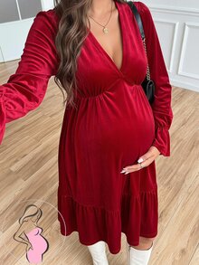 SHEIN Red Velvet Maternity Dress With Ruffled Hem – Christmas Maternity Dress Fall - Red - View 10