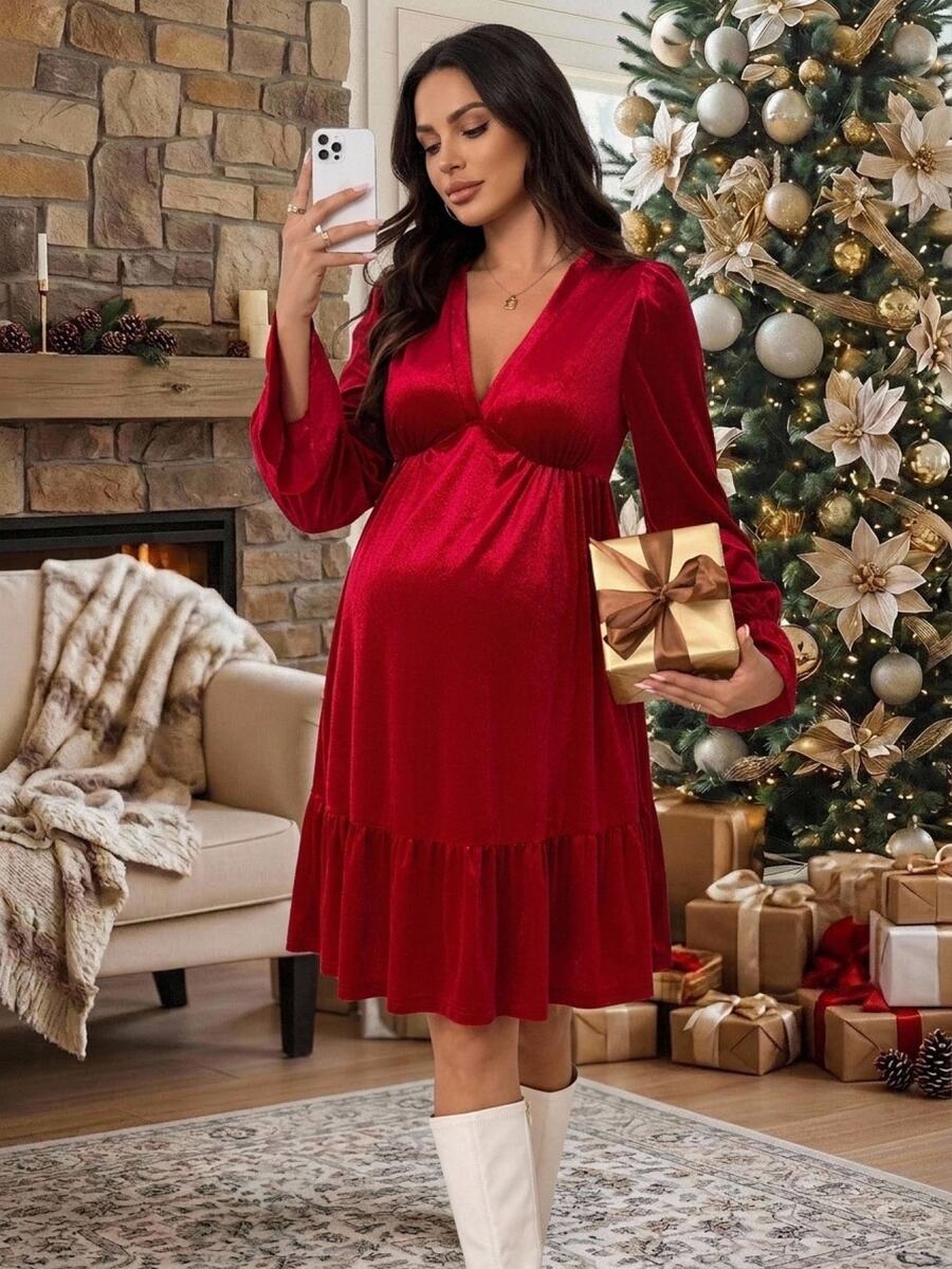 SHEIN Red Velvet Maternity Dress With Ruffled Hem – Christmas Maternity Dress Fall - Red - View 1