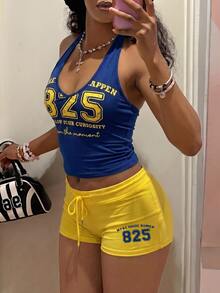 Fiercella Fiercella 女款春夏兩件套 黃色背心搭配藍黃短褲 HypeZone-D 細肩帶字母印花 性感修身 健身居家休閒 - 寶藍色 - 查看 6