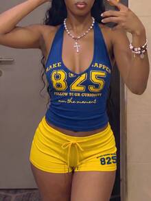 Fiercella Fiercella 女款春夏兩件套 黃色背心搭配藍黃短褲 HypeZone-D 細肩帶字母印花 性感修身 健身居家休閒 - 寶藍色 - 查看 4