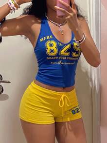 Fiercella Fiercella 女款春夏兩件套 黃色背心搭配藍黃短褲 HypeZone-D 細肩帶字母印花 性感修身 健身居家休閒 - 寶藍色 - 查看 8
