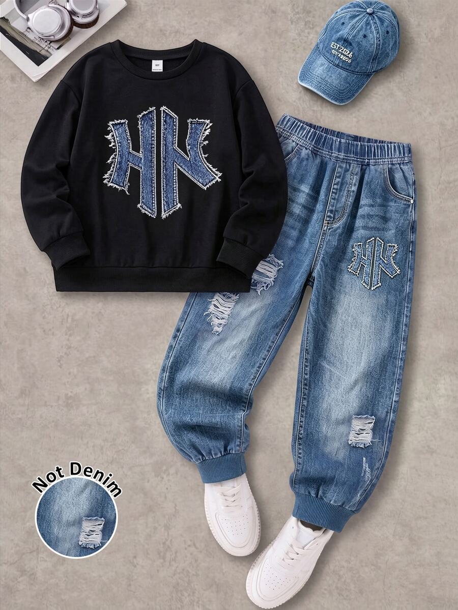 Boys (Big) Sweatshirt Set, Crew Neck, Denim Look-Texture Letter, Distressed Patches, Black Ribbed Cuffed Pants School Fall Streetwear Baggy - Multicolor - View 1