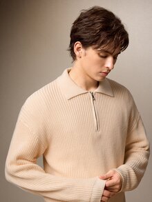 Calmiston 男士純棉極簡半拉鍊長袖針織衫，秋冬中性款情侶穿搭，適合辦公通勤，最佳節日禮物 - 米色 - 查看 12
