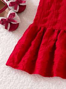 SHEIN Elladie kids Young Girl Summer Sleeveless A-Line Dress, Contrast Color Big Bow, Textured Ruffle Hem, Round Neck, Fairy Red Princess Dress, Party Birthday Christmas - Red - View 8