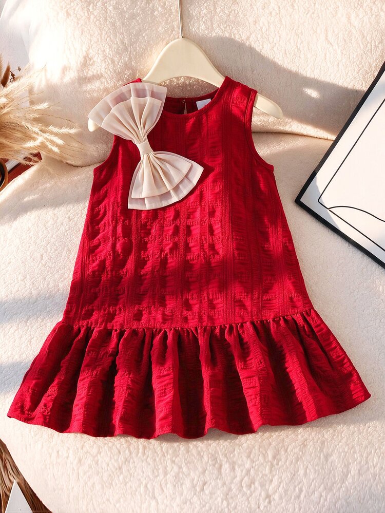 SHEIN Elladie kids Gaun Tanpa Lengan Model A-Line untuk Anak Perempuan, Gaun Pesta Ulang Tahun Natal, Pita Besar Warna Kontras, Hem Bergelombang Bertekstur, Leher Bulat, Gaun Putri Merah Peri, Cocok untuk Pesta Ulang Tahun dan Natal. - Merah - View 7