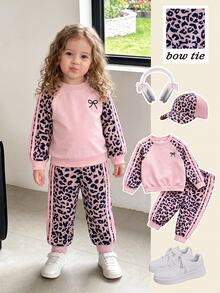 SHEIN Cute Leopard Print Pink Sweatshirt And Elastic Waist Long Pants Set For Baby Girls - Pink - View 5