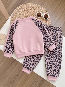 SHEIN Cute Leopard Print Pink Sweatshirt And Elastic Waist Long Pants Set For Baby Girls - Pink - View 8