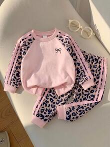 SHEIN Cute Leopard Print Pink Sweatshirt And Elastic Waist Long Pants Set For Baby Girls - Pink - View 2