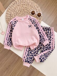 SHEIN Cute Leopard Print Pink Sweatshirt And Elastic Waist Long Pants Set For Baby Girls - Pink - View 1