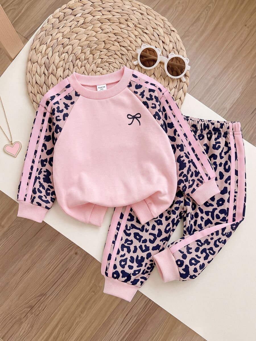 SHEIN Cute Leopard Print Pink Sweatshirt And Elastic Waist Long Pants Set For Baby Girls - Pink - View 1