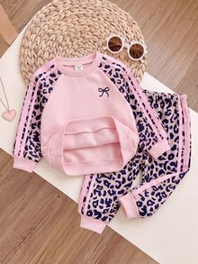 SHEIN Cute Leopard Print Pink Sweatshirt And Elastic Waist Long Pants Set For Baby Girls - Pink - View 3