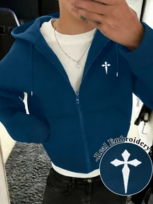 Resyla Men 男士寬鬆拉鍊連帽外套 Off Campus College 藍白配色 秋季街頭休閒度假風 - 藏蓝色 - 查看 6