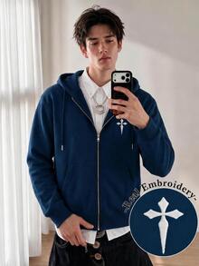 Resyla Men 男士寬鬆拉鍊連帽外套 Off Campus College 藍白配色 秋季街頭休閒度假風 - 藏蓝色 - 查看 2