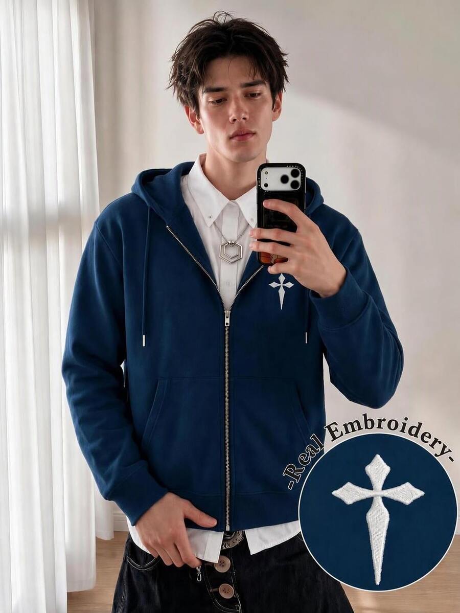 Resyla Men 男士寬鬆拉鍊連帽外套 Off Campus College 藍白配色 秋季街頭休閒度假風