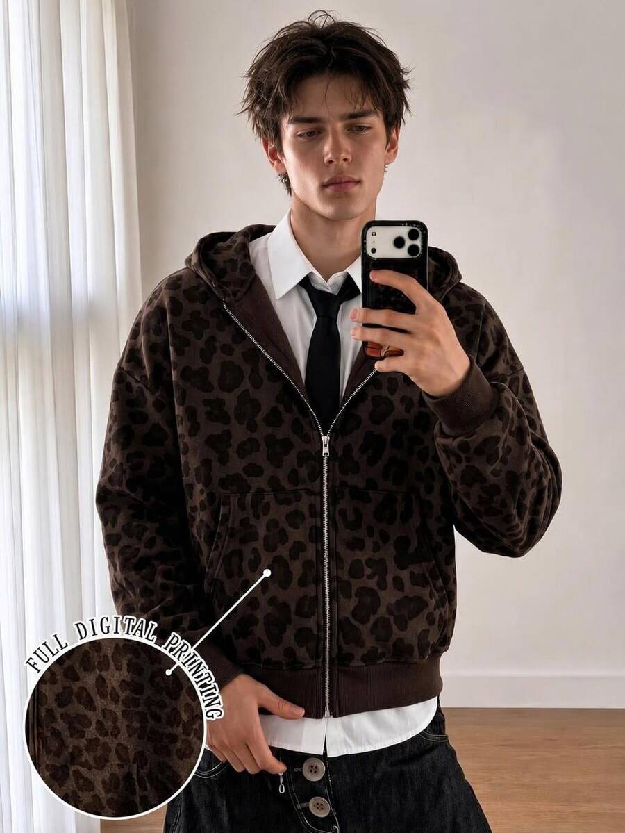 Resyla Men Leopard Print Casual Street Streetwear Loose Fit Zip-Up Hoodies For Men, Autumn Beach Airport Airplane Holiday Dark Brown - Multicolor - View 1