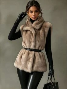 SHEIN Elenzya Solid Fuzzy Coat Without Belt Dinner Date Going Out Khaki Winter Elegant - Khaki - View 3