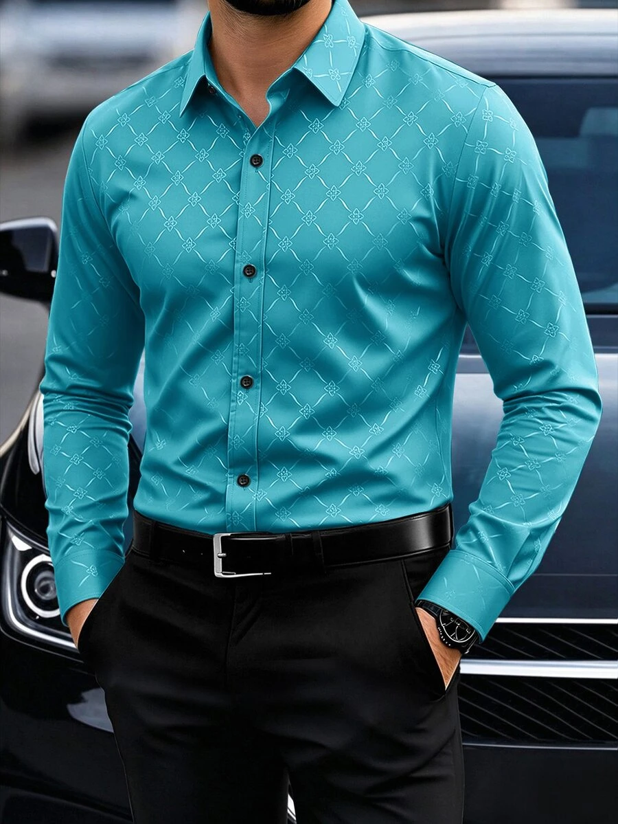 Calvornis Men's Button Down Long Sleeve Slim Fit Business Formal Dress Shirt, Long Sleeve Men Shirt,Fall, Ceremony - Mint Blue - View 1