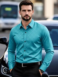 Calvornis Men's Button Down Long Sleeve Slim Fit Business Formal Dress Shirt, Long Sleeve Men Shirt,Fall, Ceremony - Mint Blue - View 3