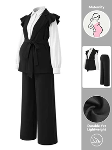 Momance Maternity Lapel Neck 2 In 1 Waist Tie Jacket And Wide Leg Pants Casual Two Pieces Set - Black and White - View 5