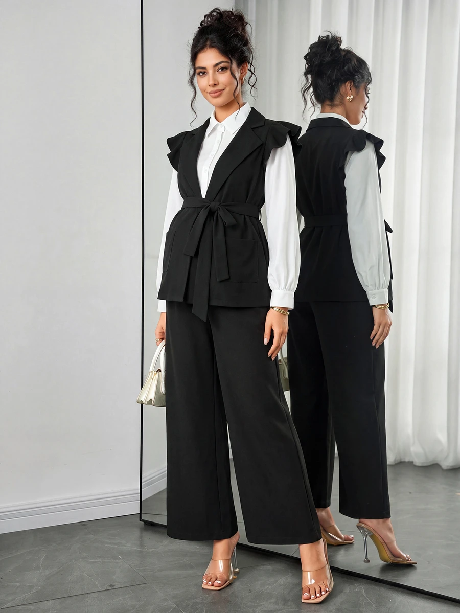 Momance Maternity Lapel Neck 2 In 1 Waist Tie Jacket And Wide Leg Pants Casual Two Pieces Set - Black and White - View 1