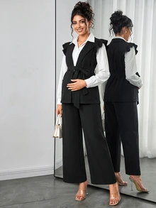 Momance Maternity Lapel Neck 2 In 1 Waist Tie Jacket And Wide Leg Pants Casual Two Pieces Set - Black and White - View 3