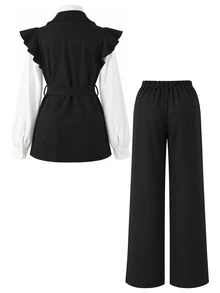 Momance Maternity Lapel Neck 2 In 1 Waist Tie Jacket And Wide Leg Pants Casual Two Pieces Set - Black and White - View 6