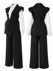 Momance Maternity Lapel Neck 2 In 1 Waist Tie Jacket And Wide Leg Pants Casual Two Pieces Set - Black and White - View 8
