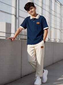 SHEIN 青少年男孩短袖 Polo 衫與長褲套裝，適合生日派對、婚禮、畢業典禮與返校季，秋季穿著 - 藏蓝色 - 查看 1