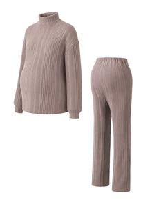 GentleRue Maternity Autumn/Winter Pink Leather Top & Straight Leg Pants Casual Maternity 2 Pieces Set, Knitted Ribbed Fabric - Dusty Pink - View 7