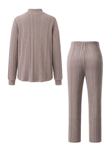 GentleRue Maternity Autumn/Winter Pink Leather Top & Straight Leg Pants Casual Maternity 2 Pieces Set, Knitted Ribbed Fabric - Dusty Pink - View 6