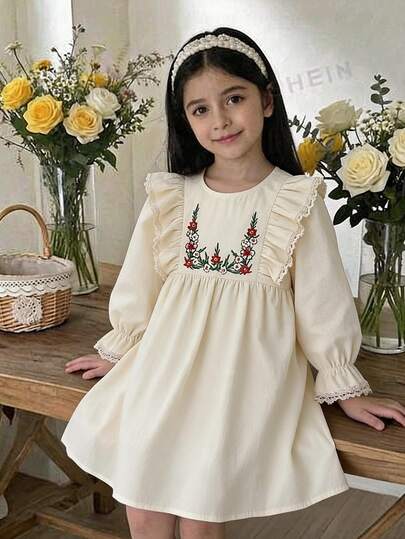 Blossori Baby Girls' French Elegant Ruffle Trim Embroidered Round Neck Long Sleeve Dress