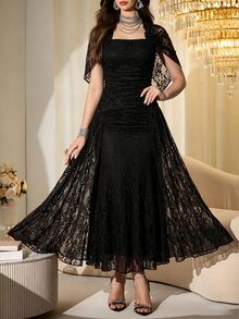 Modelyn Elegant Mesh Shiny Fabric Strapless Shawl Sleeve Fitted Regular Spring/Autumn Women's Long Dress - Black - View 4