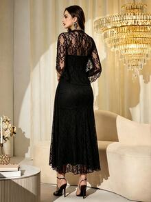 Modelyn Elegant Mesh Shiny Fabric Strapless Shawl Sleeve Fitted Regular Spring/Autumn Women's Long Dress - Black - View 2