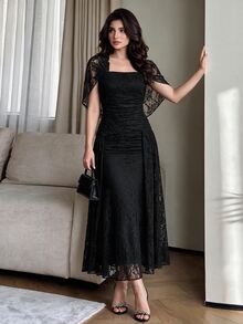 Modelyn Elegant Mesh Shiny Fabric Strapless Shawl Sleeve Fitted Regular Spring/Autumn Women's Long Dress - Black - View 1