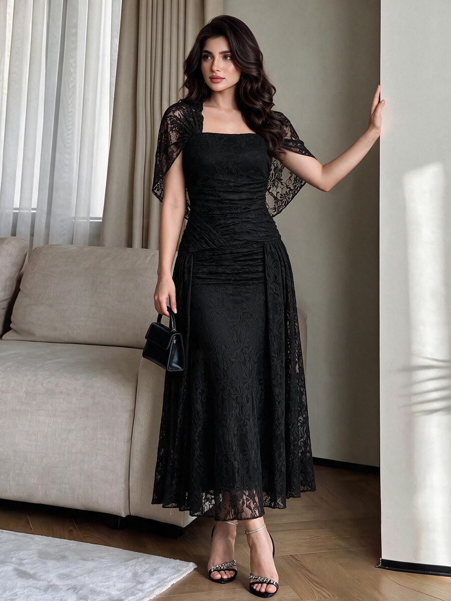 Modelyn Elegant Mesh Shiny Fabric Strapless Shawl Sleeve Fitted Regular Spring/Autumn Women's Long Dress - Black - View 1