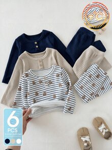 SHEIN Playful Pals 6件組 幼兒男嬰 T恤+長褲套裝，甜美海軍藍米色白色熊圖案條紋羅紋長袖亨利領，適合假期、秋季、新生兒生日 - 藍色 - 查看 1