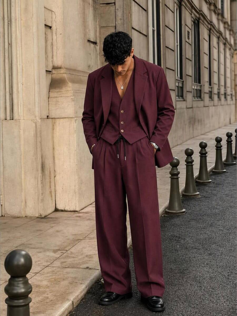 Mainfolk Loose Men's Letter Patch Weave Casual Long Sleeve Shirt And Pants 2 Pieces Set Halloween Christmas Winter Party Autumn - Maroon - View 1